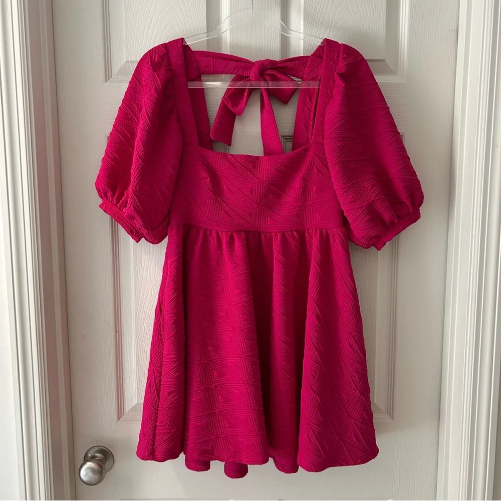 Free People Pink Violet Textured Puff Sleeve Square Neck Babydoll Mini Dress